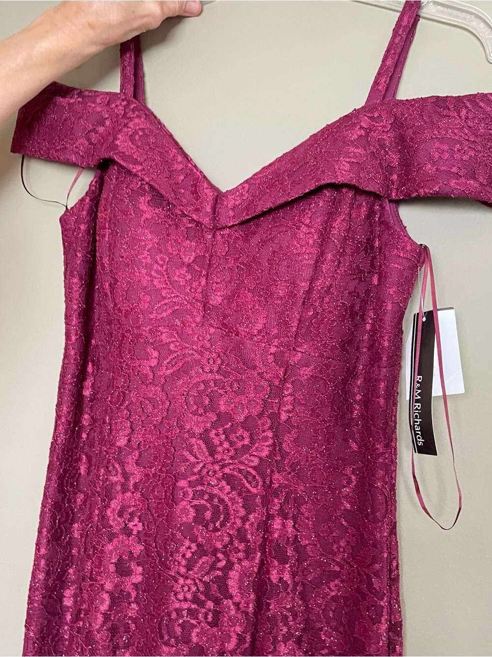 R&M Richards Burgundy Lace Off-Shoulder Cocktail Dress